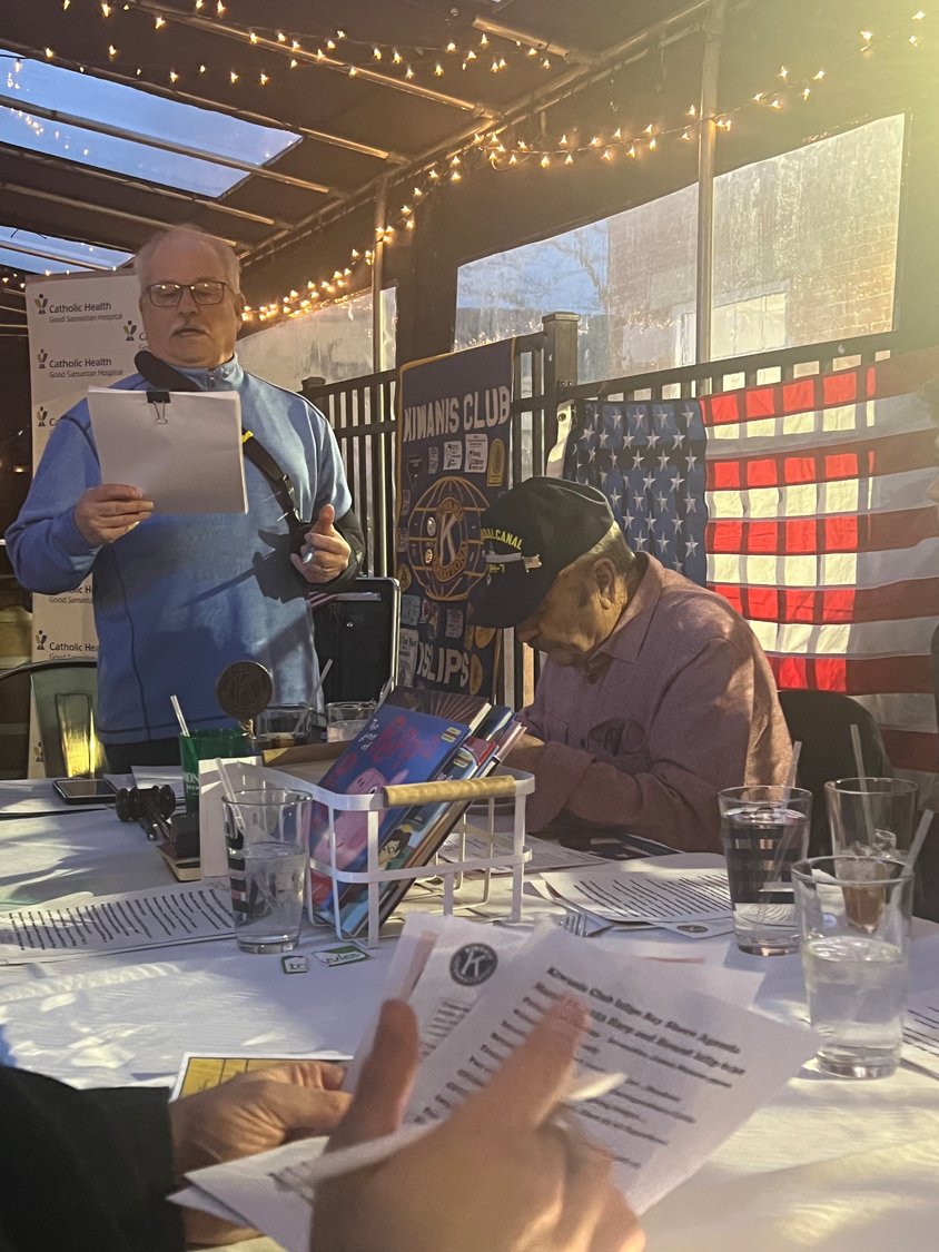 Sandy Flandina, president of the Kiwanis Club of the Islips-Bay Shore, gave a rundown of upcoming fundraising events at the recent meeting held at Harp & Hound in Islip.
